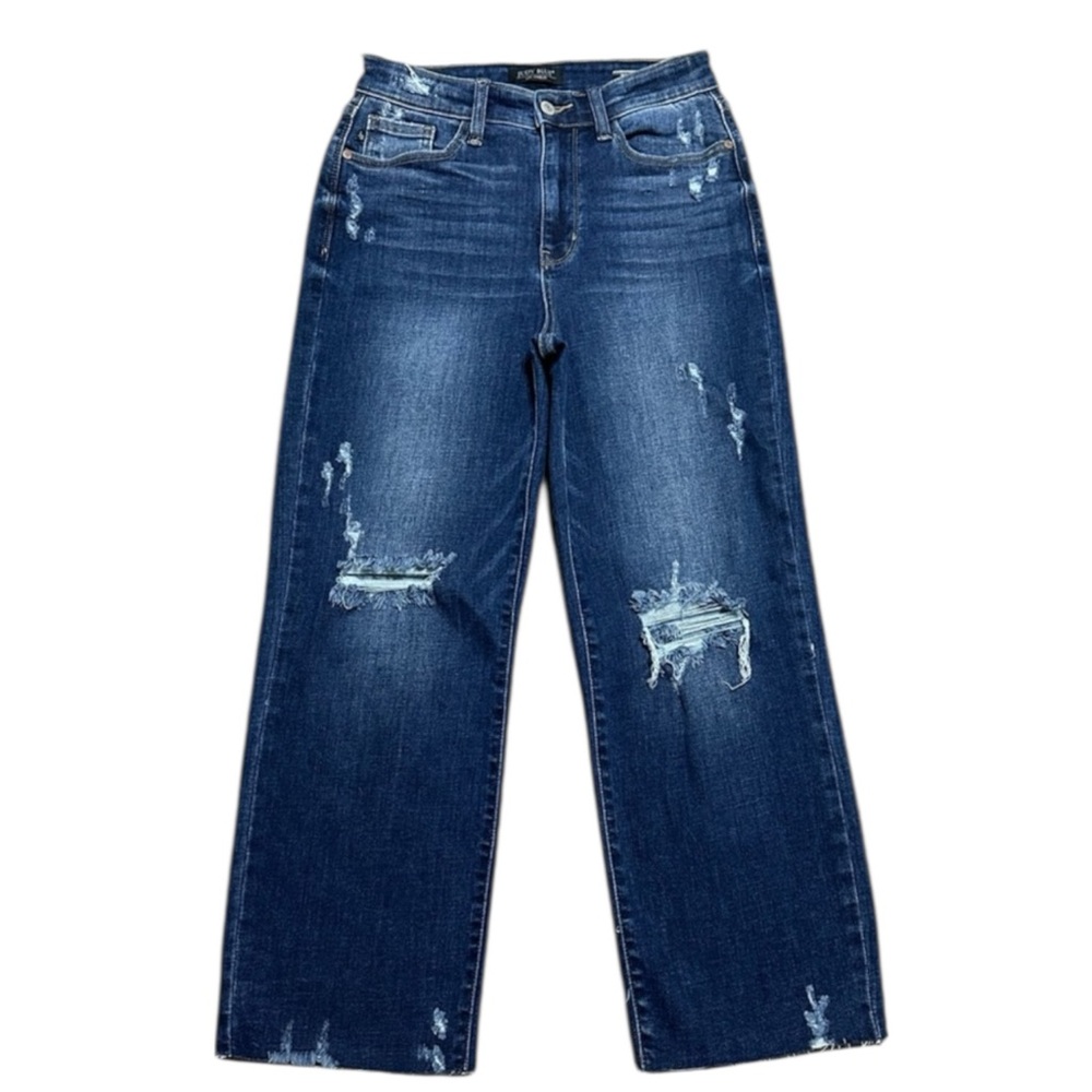 JUDY BLUE Distressed Wide Leg Blue Jeans Size 3 / 26 — SUPER ON TREND! - Picture 3 of 7